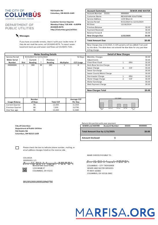 Blank USA Ohio City of Columbus business utility bill template in Word and PDF formats